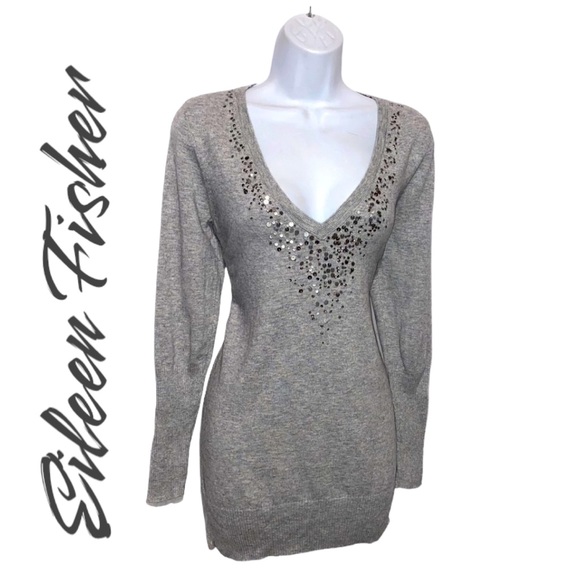 Eileen Fisher Sweaters - Eileen Fisher Cashmere Blend Sequins V-Neck Gray Tunic Sweater - Small